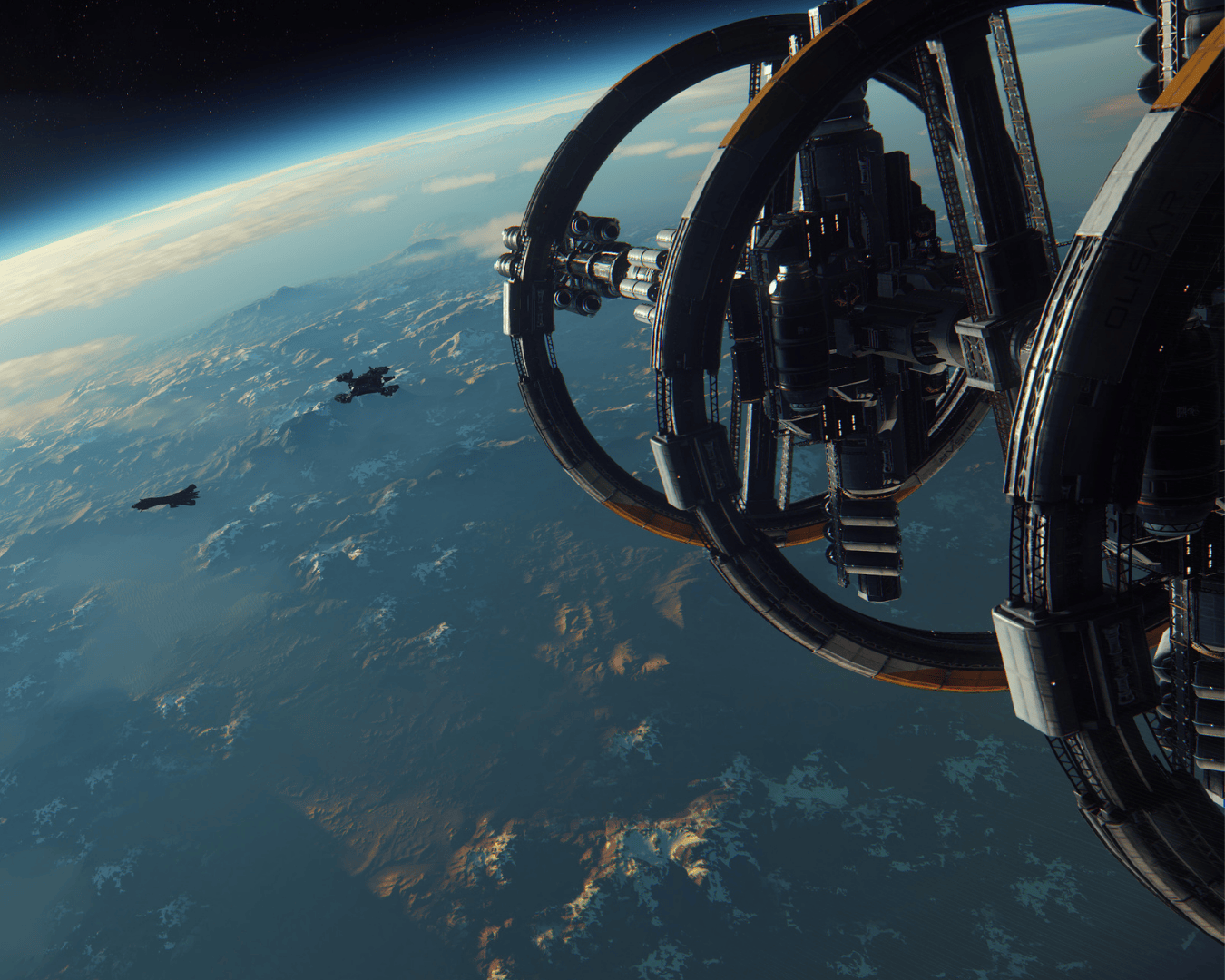 A photo of the space station and docking platform above a planet looming in the background.