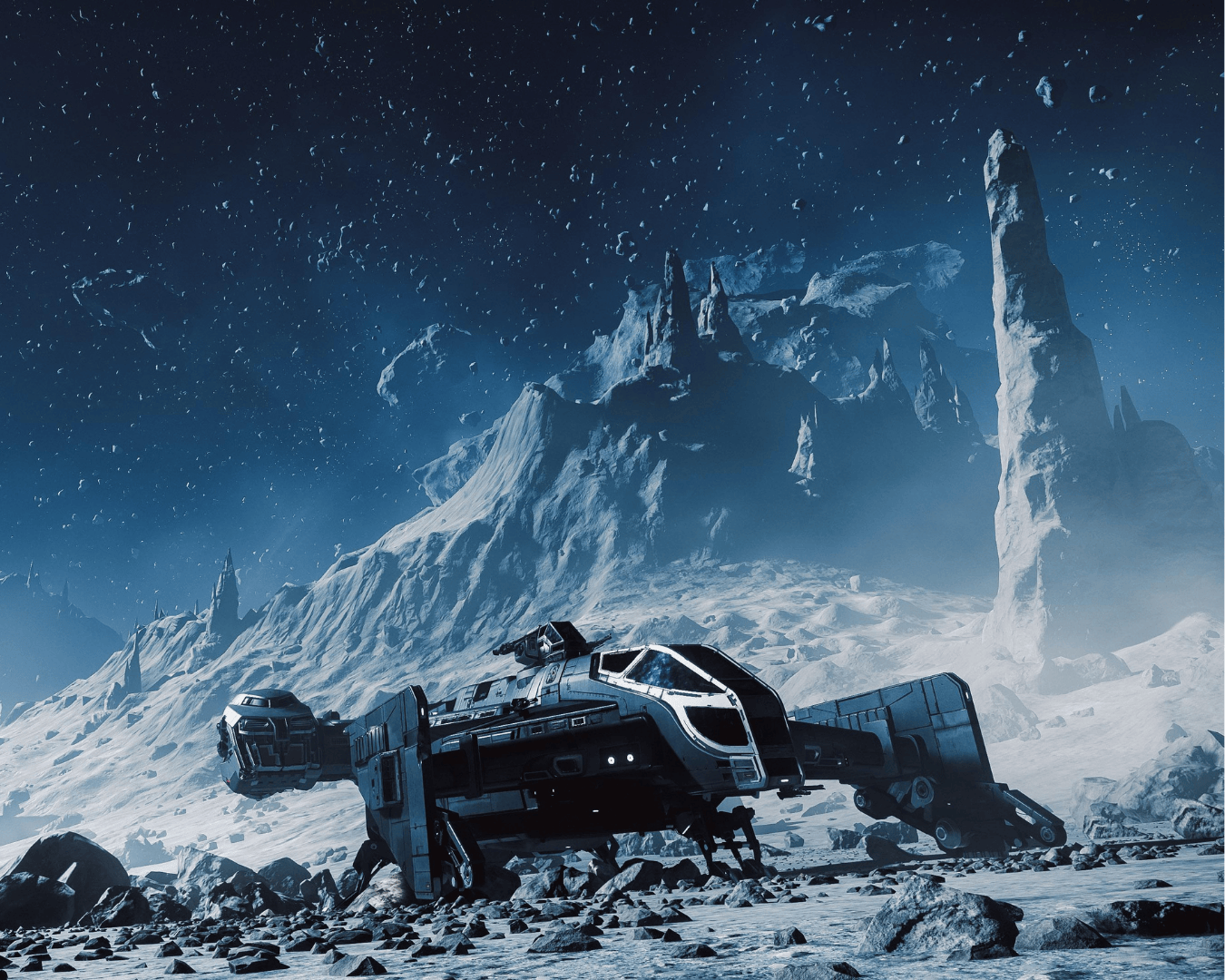 A photo of a drake ship on the moon of walla getting ready to mine its precious minerals 