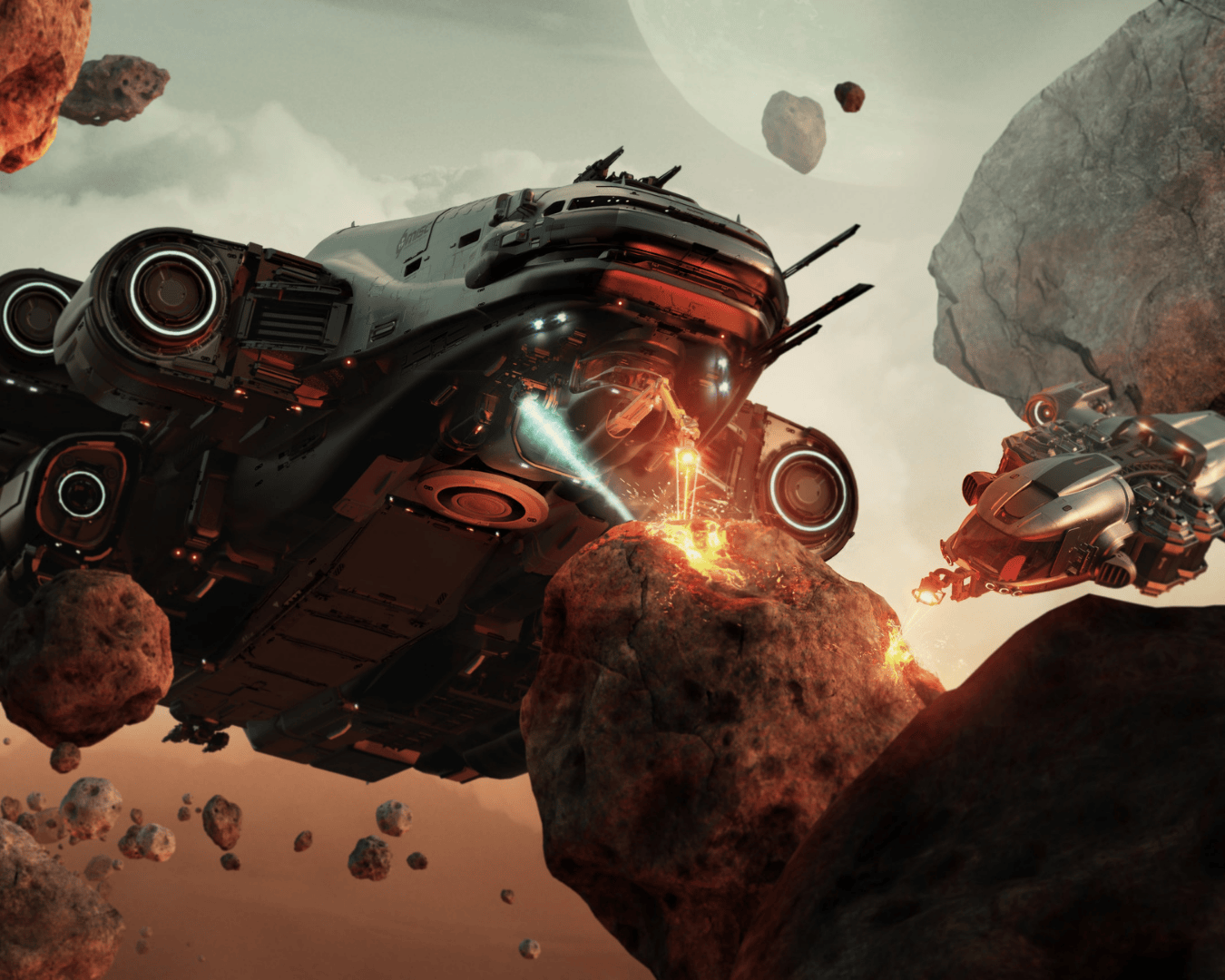 a misc heavy miner with a misc prospector breaking a heavy quantanium rock.