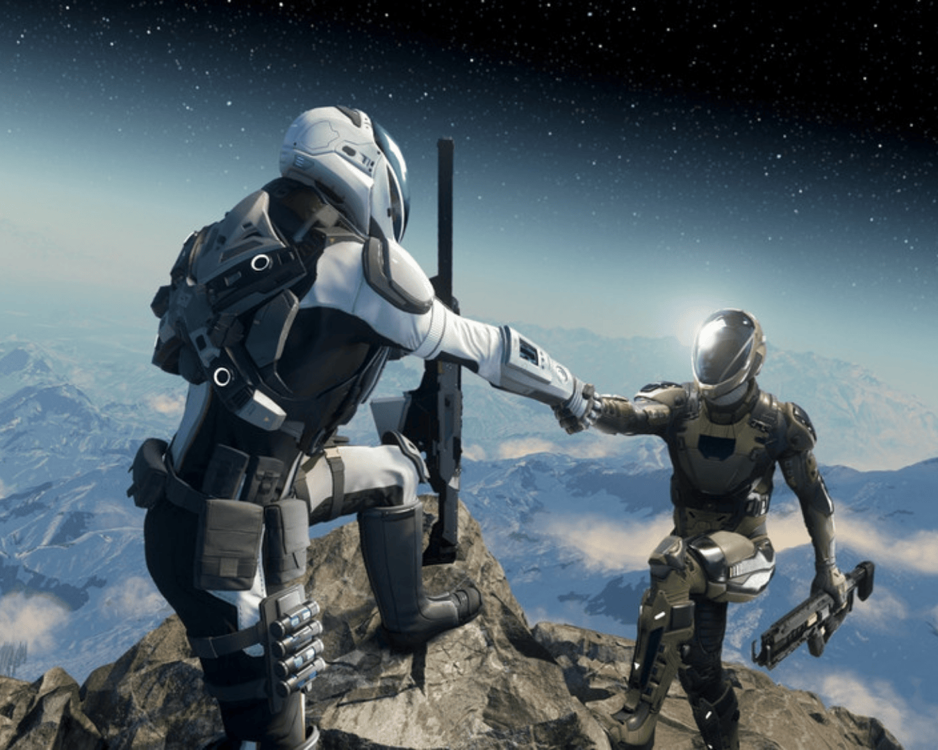  two Space marines climbing a hill together