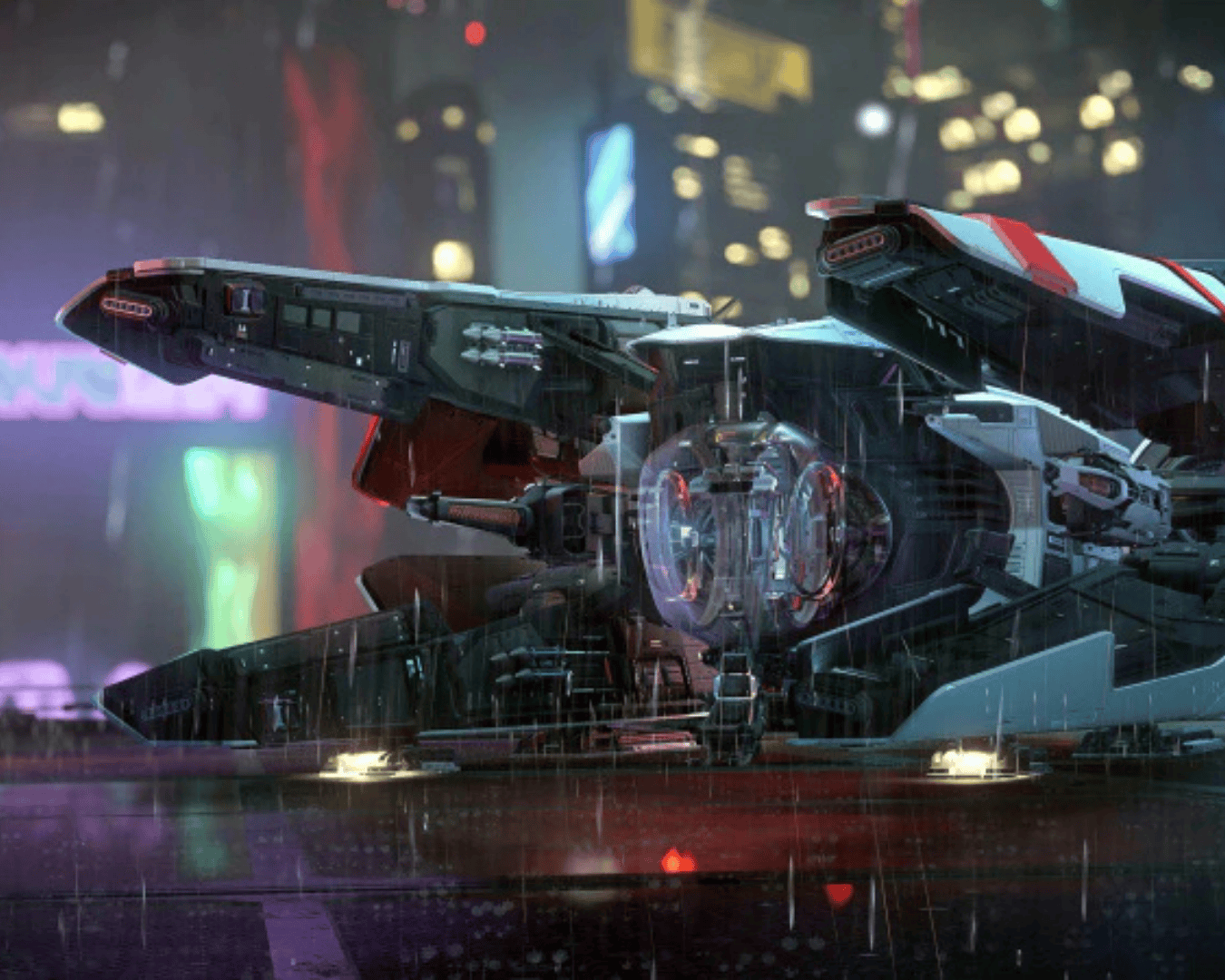 the new mirai heavy fighter guardian sitting on a landing pad in the rain on arc corp.