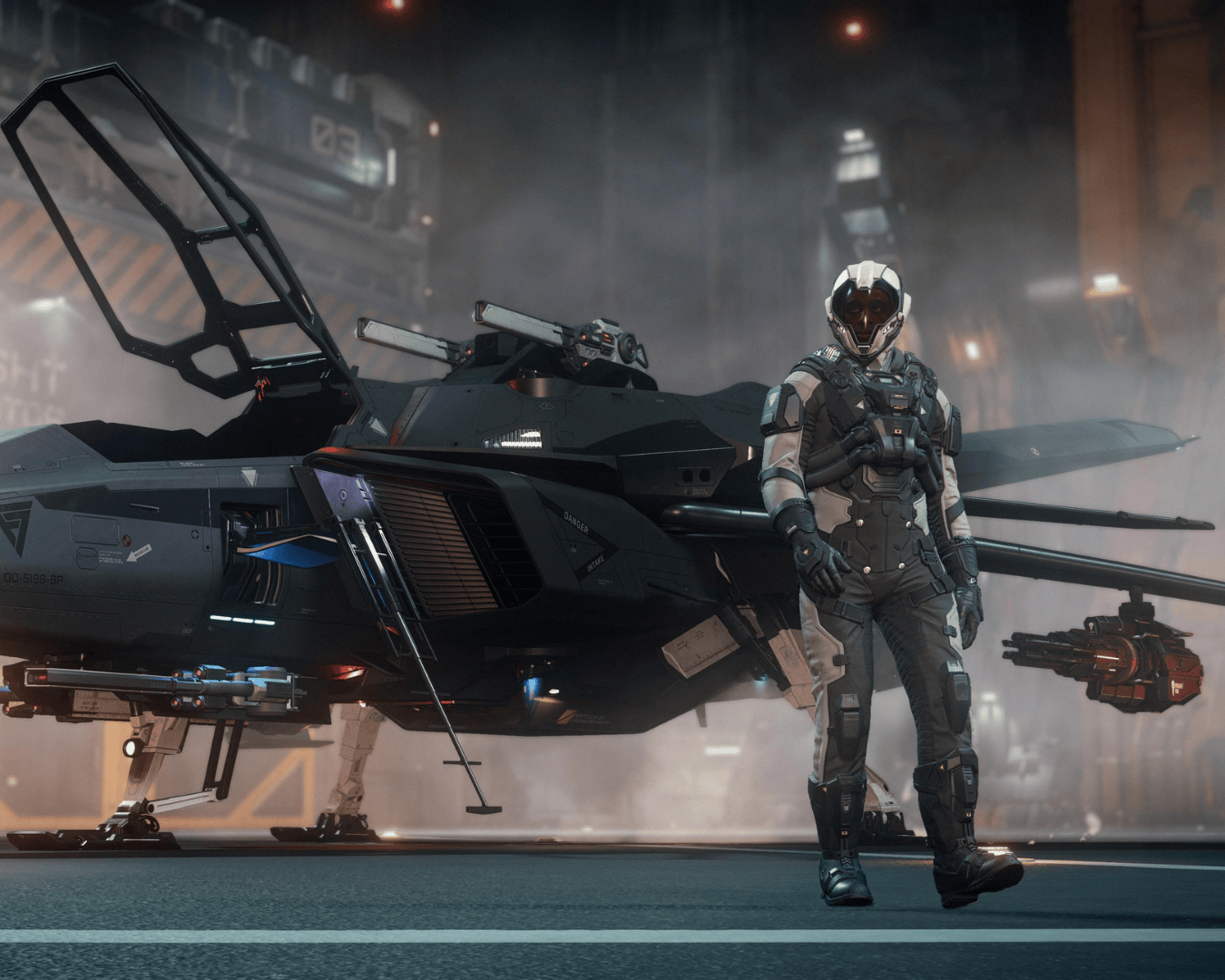 An Ace pilot by his hornet medium fighter with the cockpit open