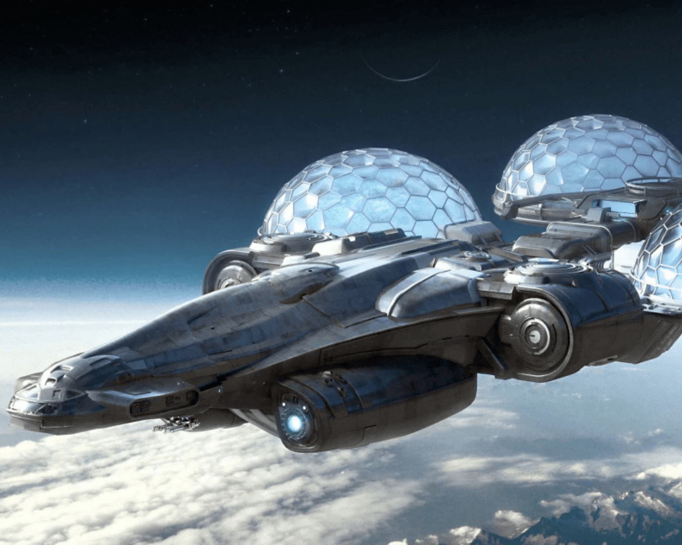 a view of the heavy science ship endeavor with its 4 science domes.